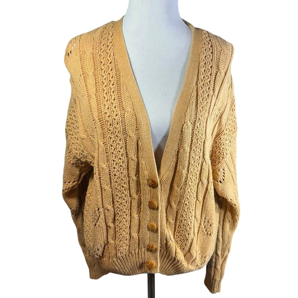 Vintage Hunters Run Womens Mustard Gold Yellow Cardigan Cable Knit Sweater Large